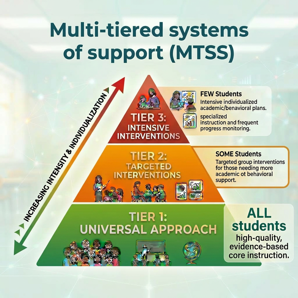 MTSS tiers pyramid showing Tier 1 universal core for 80%, Tier 2 targeted interventions for 15%, Tier 3 intensive interventions for 5%