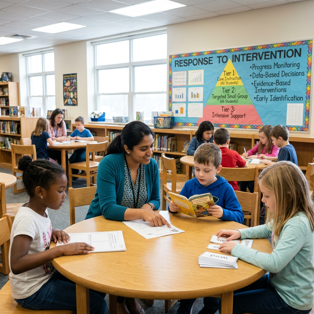 Students learning in groups beside a "Response to Intervention" board listing Tier 1, Tier 2, and Tier 3 support.